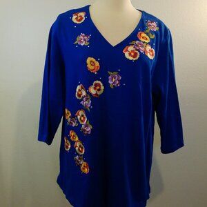 Quacker Factory Blue All Over Embroidered Flower Rhinestone Top Women Size 1X